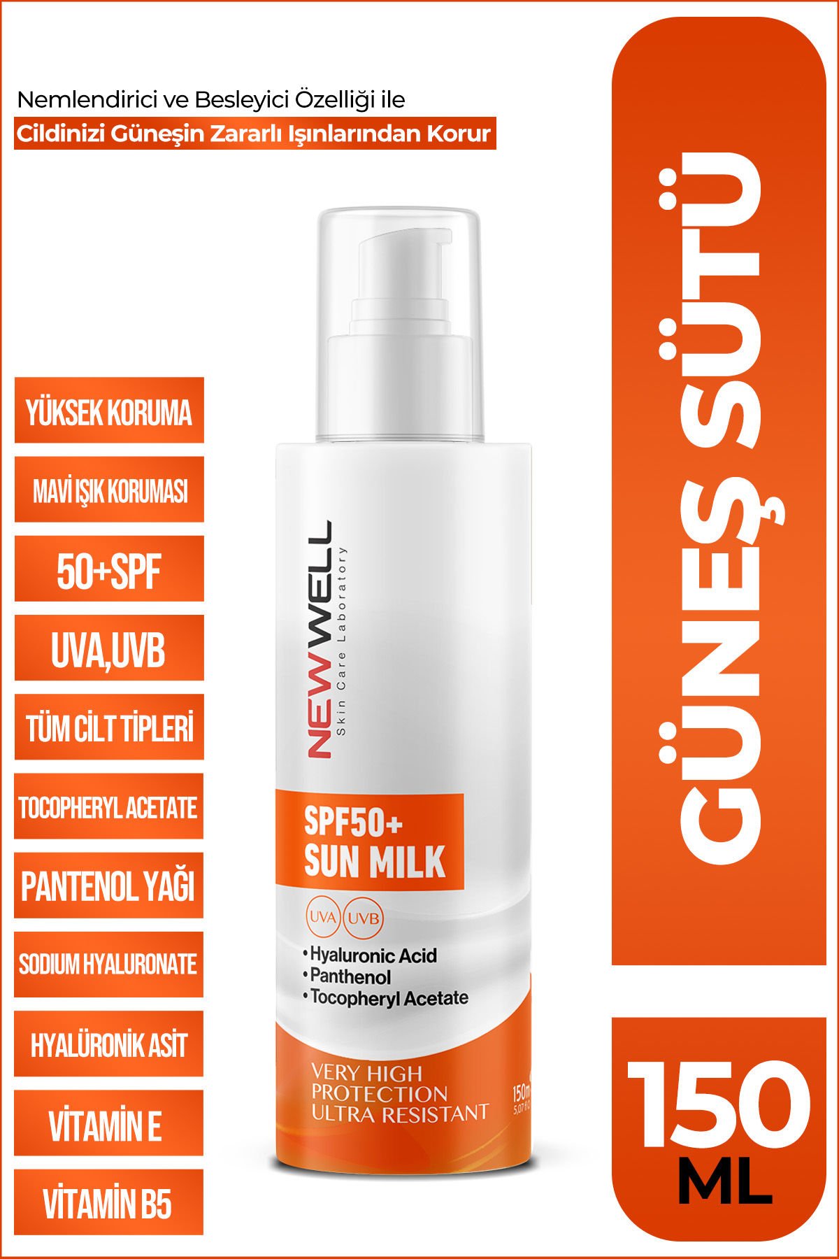 NEWWELL GÜNEŞ SÜTÜ YÜKSEK KORUMA SPF50+,HYALURONIC ACID 150 ML